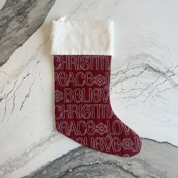 Pottery Barn Sentiment Love Joy Quilted Red Red Christmas Stocking 19.5" #7392 - Picture 1 of 8